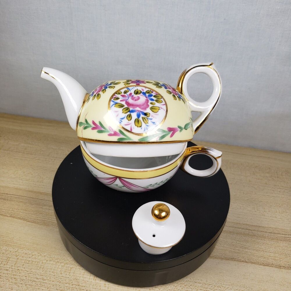 Vintage Nantucket Single Serve Teapot With Lid And Teacup Yellow Floral 4” Tall - Picture 16 of 16